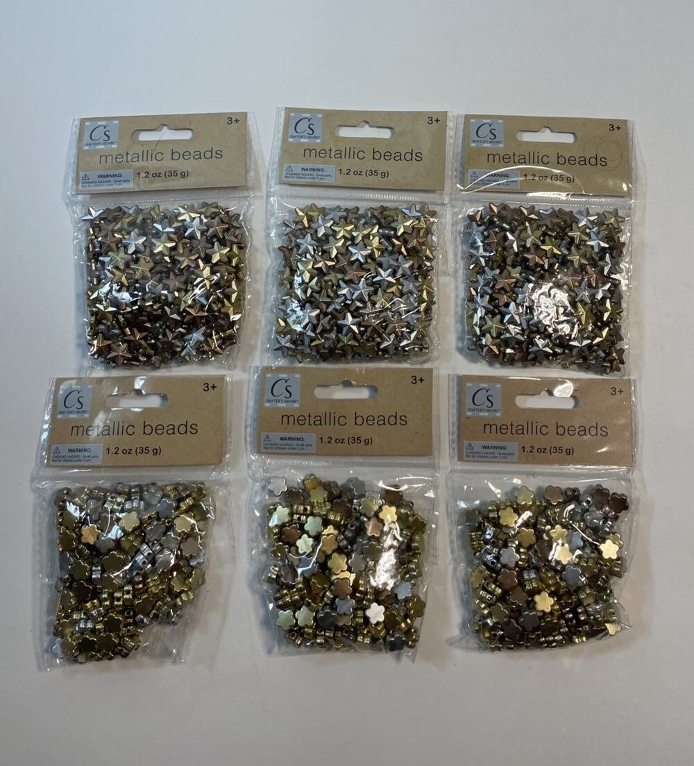 LOT OF 6 Crafters Square Metallic Beads Star & Flower Shapes 1.2oz Packs Craft